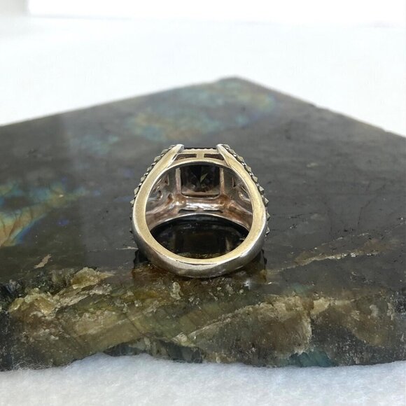 Sterling Silver 925A Rectangular Smoky Quartz & Marcasite Heart Ring Sz 5.75 - Picture 7 of 16